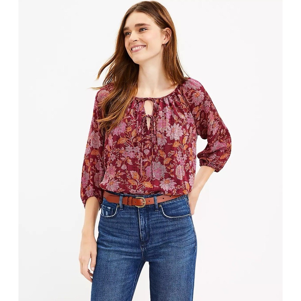 LOFT Womens Floral Tie Neck Blouse Top Size S MSRP‎ $65